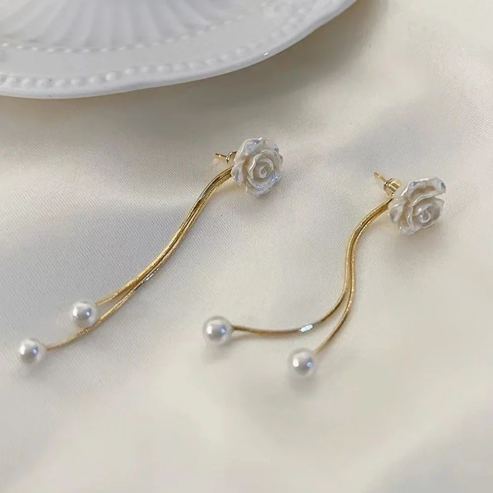 Pearl Flower Gold 18k plated drop long earrings